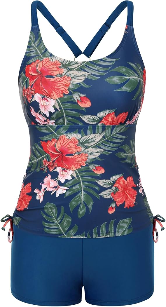 JASAMBAC Women's Strappy Tankini Swimsuits Drawstring Bathing Suits Two Piece Floral Print Swimwear with Shorts