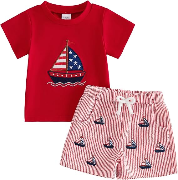 Toddler Boy Summer Set Ocean Animals Embroidery T Shirt Striped Shorts Infant Boys Sea Life Clothes Vacation Outfit