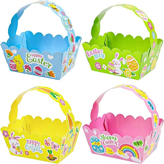 DERAYEE Small Easter Baskets, 12PCS Happy Easter Treat Gift Boxes with Cute Bunny Click Stickers for Easter Egg Hunt Party Favors and Decorations