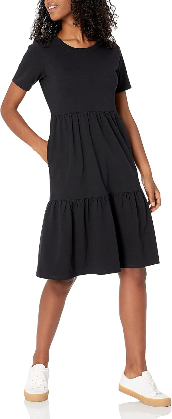 Amazon Essentials Women's Short-Sleeve Crewneck Tiered Cotton Dress