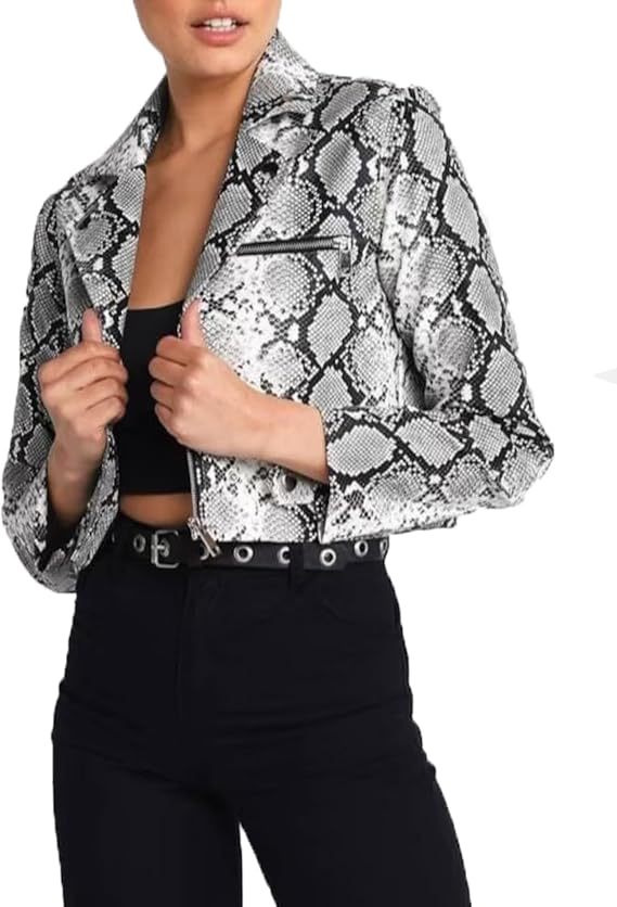 Womens Fashion Snakeskin Print Textured Biker Faux Leather Jacket