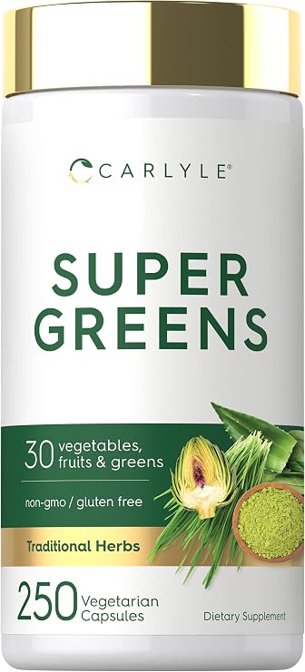 Carlyle Super Greens Capsules | 250 Count | Blend of 13 Vegetables and Greens Plus 17 Fruits | Non-GMO & Gluten Free Supplement