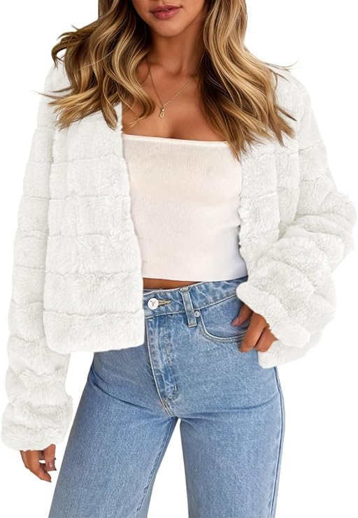 Womens Cropped Faux Fur Jackets Long Sleeve Open Front Fluffy Short Coats