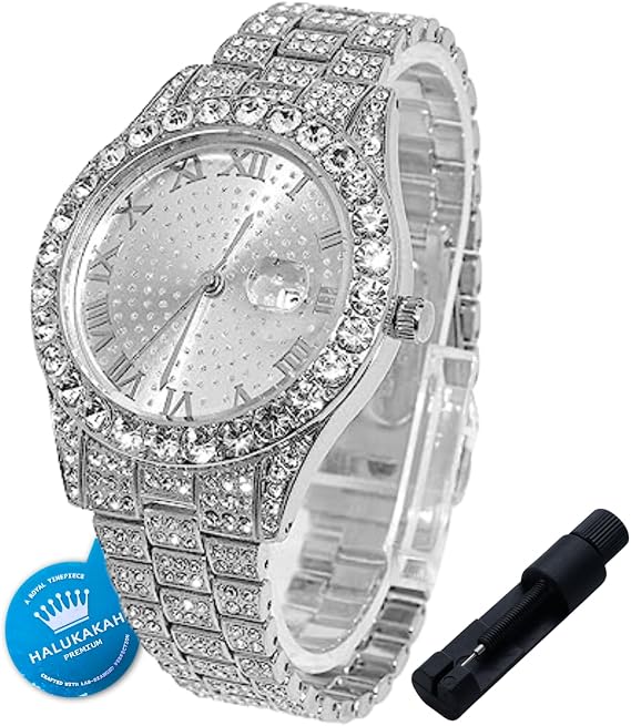 HALUKAKAH Diamonds Watch Iced Out for Boy Teens Kids - 18K Real Gold/Platinum Plated,42mm Round Dial,Japanese Quartz - 20cm Length - Optional with Cuban Link Chain,with Adjuster Tool - for Birthday