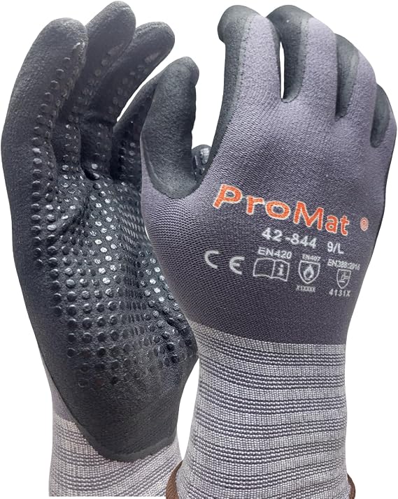 ProMat 42-844 – 5 Çift İnce Nitril Köpük İş Eldiveni – Dikişsiz, Hava Geçirgen, Dot Kaplama ile Üstün Tutuş – Otomotiv, Mekanik Montaj, İnşaat, Bahçe – 7/8/9/10 Beden