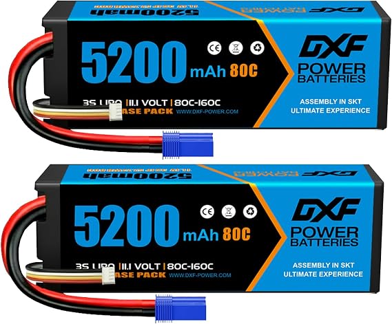 DXF 3S LiPo Battery 11.1V 5200mAh 80C Hardcase with EC5 Plug, Rechargeable RC Battery Pack for RC Car Truck Airplane Helicopter Boat Drone, for 1/8 1/10 Scale Racing Vehicles, 2 Pack