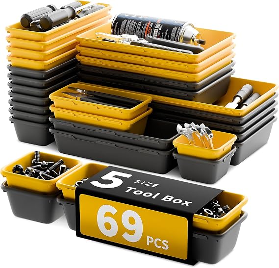 69 PCS & 5 Sizes Tool Box Organizer Trays, Black and Yellow