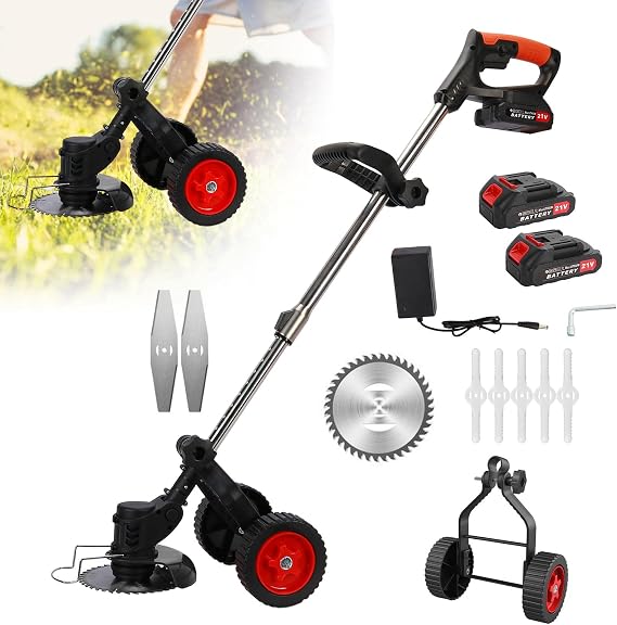 3 in 1 UpgradeCordless String Trimmer with 2 Wheel, 21V 2 X 2.0Ah Battery Powered Grass Mover with Side Cutting Blade, Adjustable Telescopic Pole, Lawn Edger with Charger Black