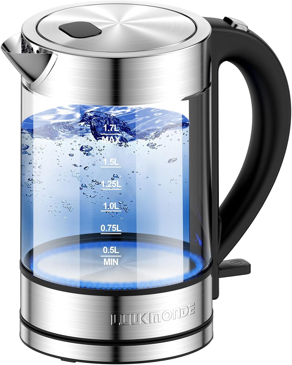 LUUKMONDE Electric Kettle Fasting Boiling, Cordless kettle and One Hand Water-Refill, 1.7L Borosilicate Glass Tea Kettle with LED Light, Auto Shut-Off and Boil-Dry Protection, BPA Free