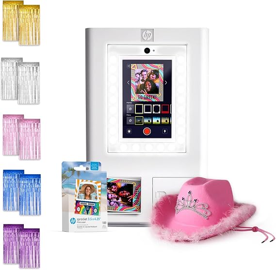 HP Sprocket Photo Booth Machine Instant Color Photo Printer (White) + Zink Paper (100 Sheets) + Pink Cowboy Hat with Tiara + Silver, Pink, Blue, Gold, Purple Foil Curtain Backdrop (x2)