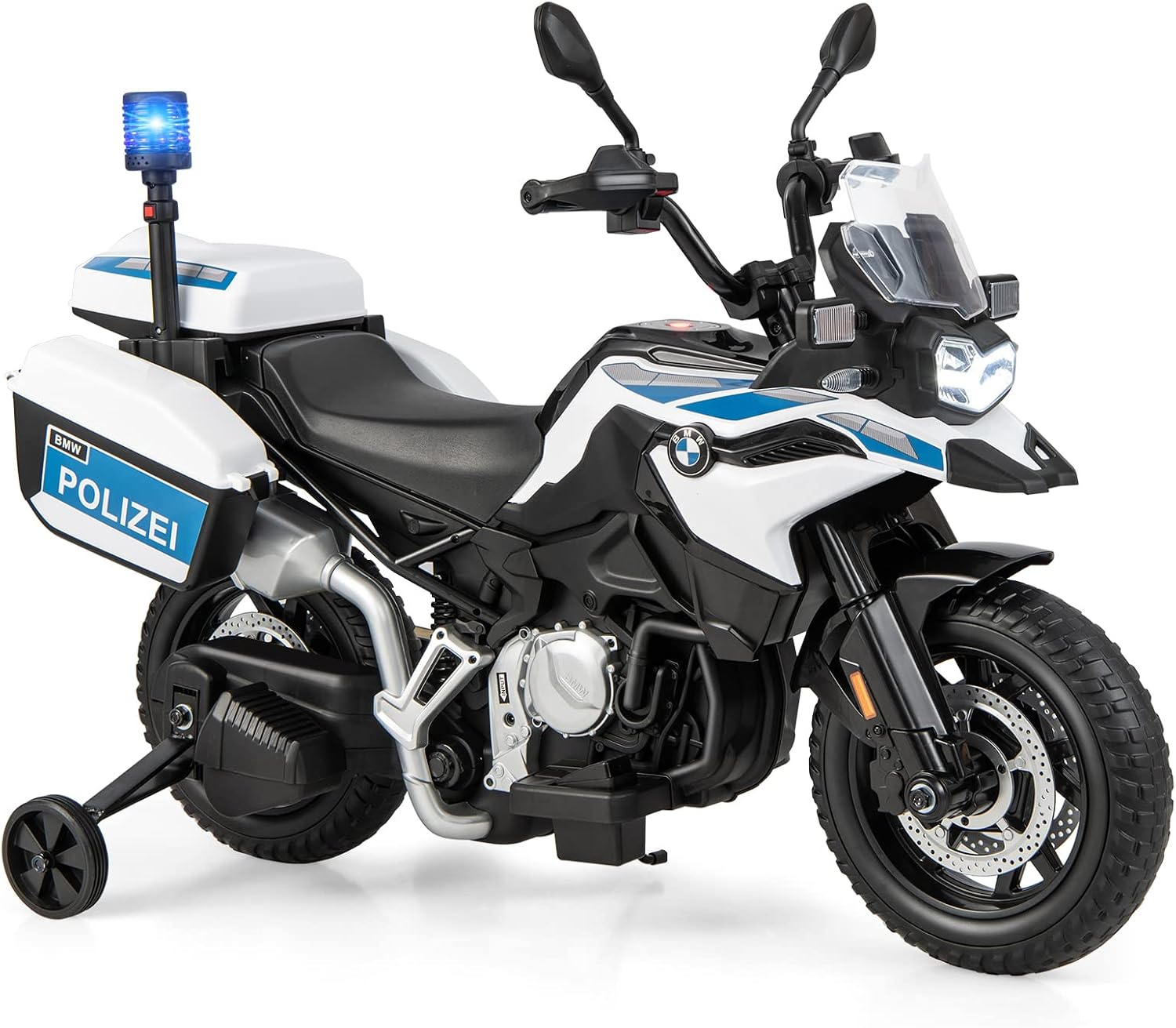 Costzon Kids Ride on Police Motorcycle, 12V Battery Powered Licensed BMW Dirt Bike wTraining Wheels, Siren Light, MP3, USB, Music, Electric Off-Road Ride on Toy, Gift for Boys Girls