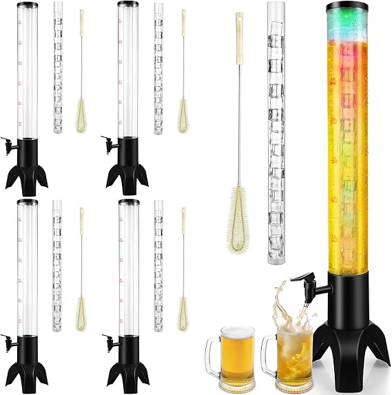 4pcs Beer Giraffe Dispenser, 100oz/3.2 qt Mimosa Tower Dispenser with Ice Tube and LED Light, 3L Tabletop Drink Tower Dispensers for Beer, Margarita, Liquor, Beverage