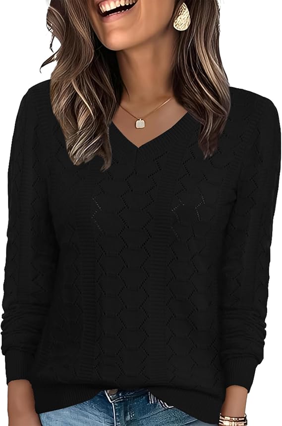 Ivicoer V Neck Long Sleeve Womens Sweaters Pullover Tops Hollow Out Winter Outfits Fashion