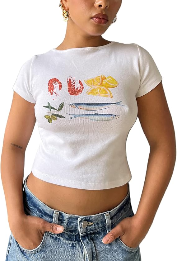 Chloefairy Women's Casual Tees Short Sleeve E-Girls Graphic Print Slim Fit Summer Crop Top for Teen Girls
