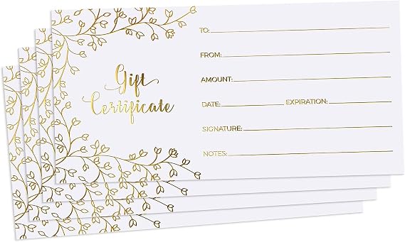 Sweetzer & Orange Blank Gift Certificates for Business - 25 Gold Foil Gift Certificate Cards with Envelopes for Spa, Salon, Restaurants, Custom Client Vouchers for Birthday, Work Card - 3.75x7.5