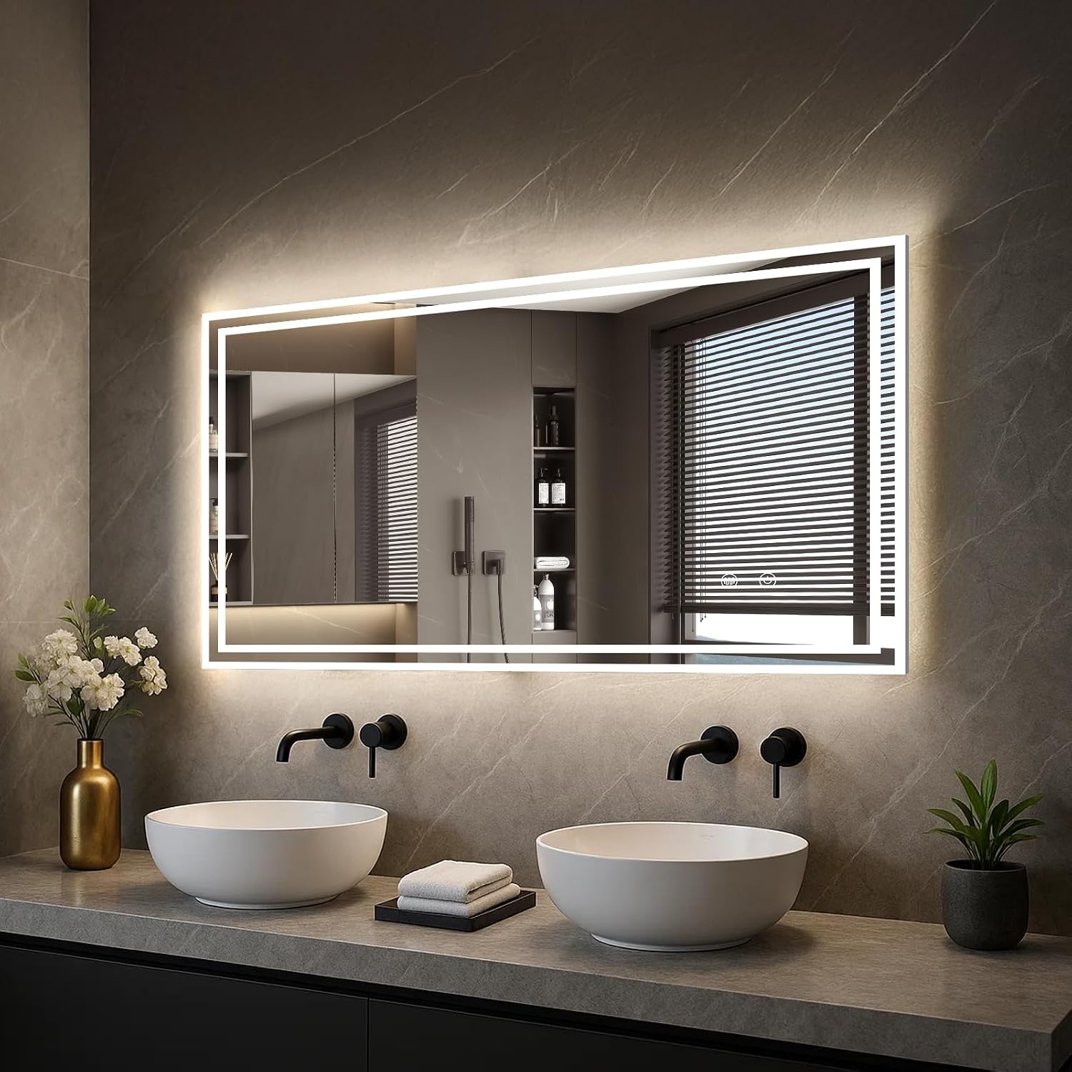 CROWNSHOP LED Bathroom Mirror 100x60cm with Touch Sensor Demister, Waterproof IP54, 5mm Explosion-Proof Glass, Detachable Plug, Memory Function, Horizontal/Vertical Wall-Mount (100x60cm)
