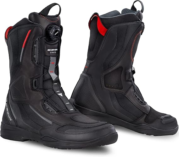 SHIMA STRATO Motorcycle Boots for Men - Vented, Reinforced Lightweight Long Biker Riding Boots with ATOP Fast-Closure System, Ankle Protection, Non-slip Sole, Reflective Panels (Black, 10,5)