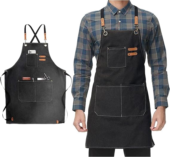 OBILAN Chef Aprons for Men Women with Large Pockets, Cotton Canvas Cross Back Heavy Duty Adjustable Work Apron, size M to XXL