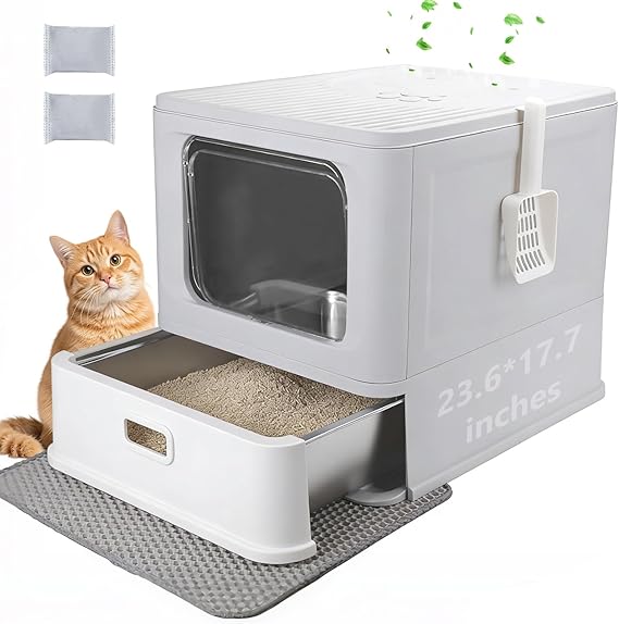 Stainless Steel Cat Litter Tray, Foldable XXL Cat Litter Tray with Lid and Drawer, Closed Stainless Steel Cat Litter Tray, Easy Cleaning, No Urine Leakage, Odour Control, with Cat Litter Mat