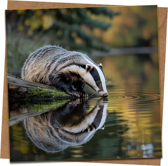 Badger Reflection Greeting Card 145mm x 145mm – Wildlife Nature Blank Inside – Square Note Card with Kraft Envelope – Birthday, Thank You, Any Occasion