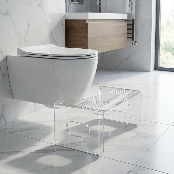 PİKAS Premium Şeffaf Pleksi Tuvalet Taburesi, Banyo ve Tuvalet İçin Şeffaf Tabure, Klozet Yanı Destek Taburesi, Kompakt Modern Tasarım