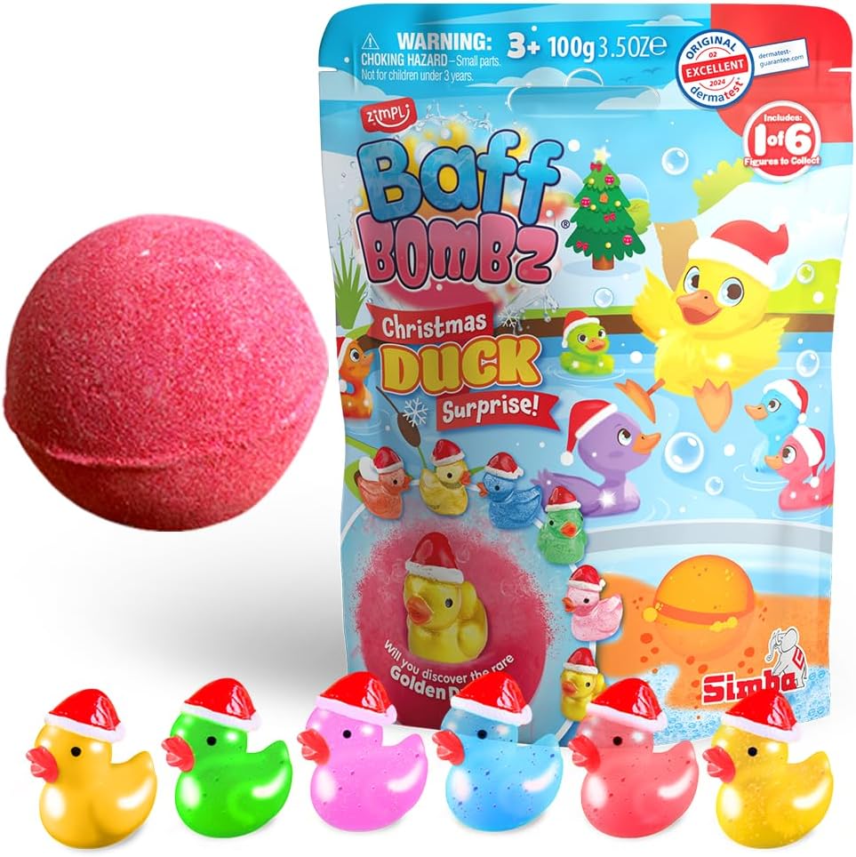 ZIMPLI - Large Christmas Duck Surprise Bath Bomb, 1 of 6 Duck Toys to Collect, One per Baff Bomb, Christmas Toys for Children, Bath Toy Stocking Fillers