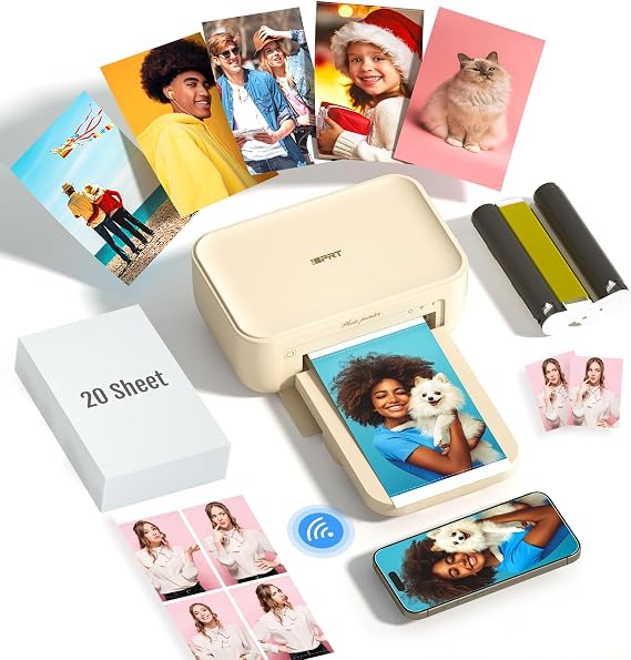 iDPRT 46 Photo Printer, Portable Color Picture Printer, Thermal Sublimation Mini Picture Printer, Bundle 20 Sheets Photo Paper & 1 Ribbon Cassette, Photo Printer for iPhone & Android