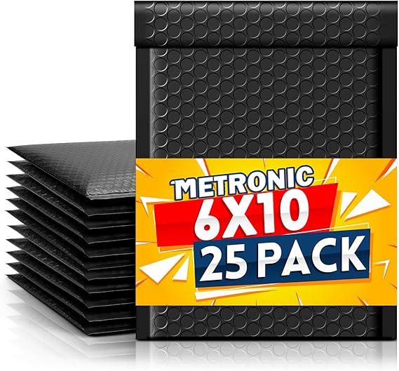 Metronic Black Bubble Mailers 6x10 Inch 25 Pack Padded Envelopes #0 | Usable Size 6x9" Waterproof Bubble Mailer Bags for Packaging, Shipping, Mailing Jewelry, Self Seal, Small Business Supplies