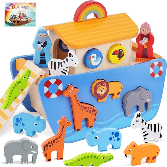 KMTJT Toddlers Wooden Noah's Ark Toy for 1 2 3 Boys Girls Baptism Gifts