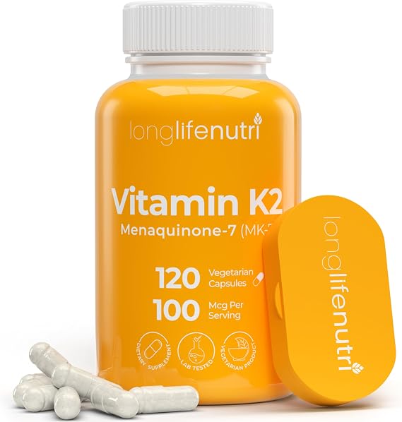 LongLifeNutri Vitamin K2 MK-7 100mcg Nutrient Support for Bones and Circulation, 120 Vegetarian Capsules, 4-Month Supply, Lab Tested, Made in the USA, Non-GMO
