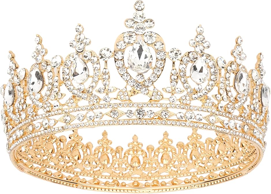 Gold Queen Crown for Women, Crystal Rhinestone Wedding Tiara, Baroque Bridal Crown, Round Full Crown Headband for Bride Prom Birthday Halloween Party Pageant Costume