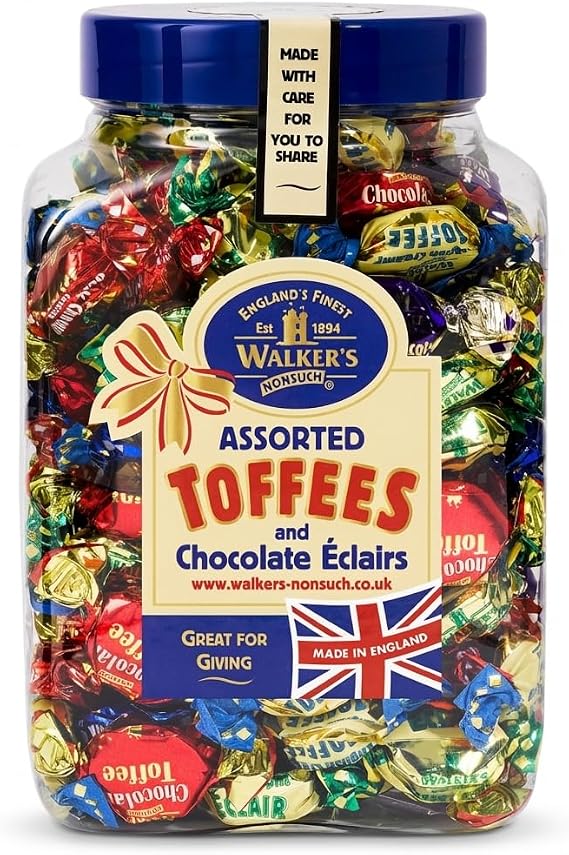 Walker's Nonsuch Assorted Toffee & Chocolate Eclairs 1.25kg Jar, Individually Wrapped Sweets, Bulk Sharing Size | Traditional English Confectionery for Gifting and Parties