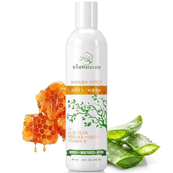 Wild Naturals Manuka Honey Eczema and Psoriasis Body Wash Organic, Natural Body Wash with Aloe Vera, Cehami, and Manuka Honey Plant-Based, Sulfate-Free, Cruelty-Free Skincare