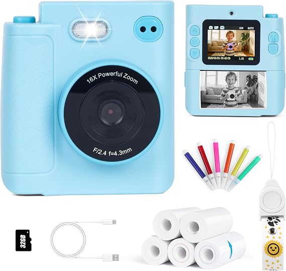 Cudinham Kids Camera Instant Print, Gifts for Age 3-12 Kids, 5 Rolls Paper