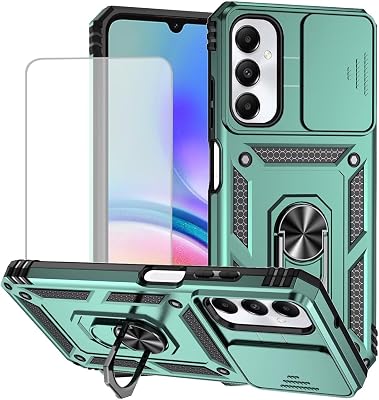for Galaxy A05S Case, Samsung A05S SM-A057F Case with Tempered Glass Screen Protector and Slide Camera Cover, Magnetic Ring Car Mount Holder Protective Cover for Samsung Galaxy A05S Green