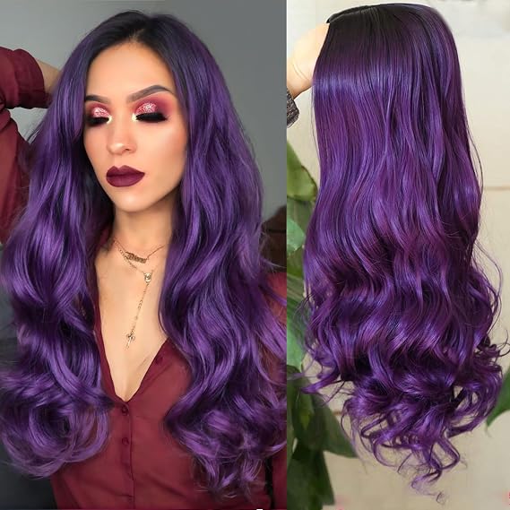 Ombre Wig Purple Wigs Long Curly Wavy Hair Wigs Heat Resistant 2 Tones Dark Roots Synthetic Wigs for Black Women Daily Party Cosplay Witch