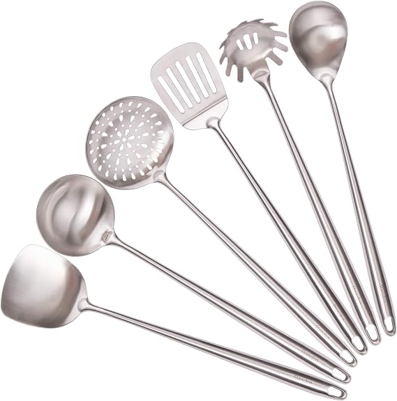 304 Stainless Steel Kitchen Utensils Set - 17” All Metal Cooking Tools, 6-Pcs Extra Long Handle Utensils with Spatula, Soup Ladle, Skimmer Spoon, Slotted Spatula Turner, Spaghetti Server, Solid Spoon
