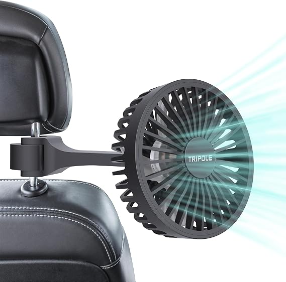 TriPole Car Fan for Rear Seat USB Powered Powerful 3 Speed 5V Fans | Adjustable Clip, Small Car Cooling Fan for Vehicles SUV RV