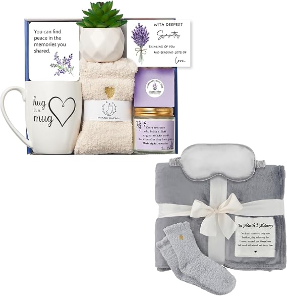Sympathy Gift Basket & In Heartfelt Memory Condolences Gift Blanket, Bereavement Gifts, Remembrance Grief Gifts for Loss of Loved One, Grief Self Care Package (Light Gray)