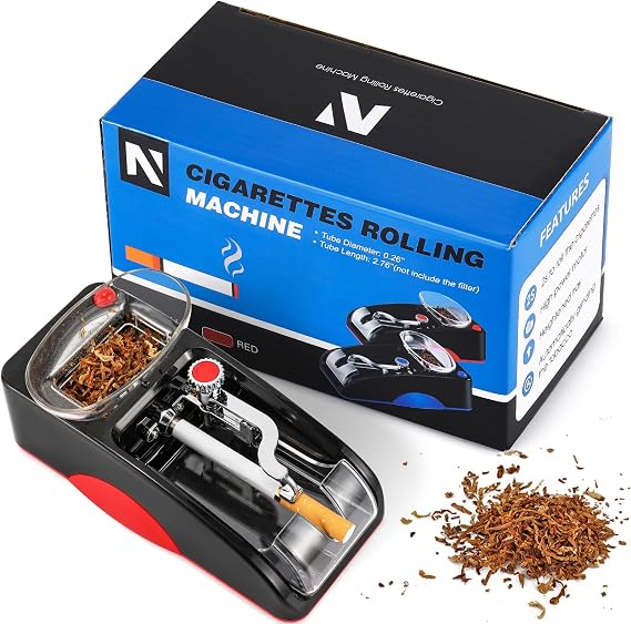 NEWTRY Cigarette Rolling Machine, Electric Automatic Roller, 0.26"Tube, Red | Adjustable Filling Density, Spiral Feeding Design, Mini Filling Injector with Brush, Spoon & Plastic Tray