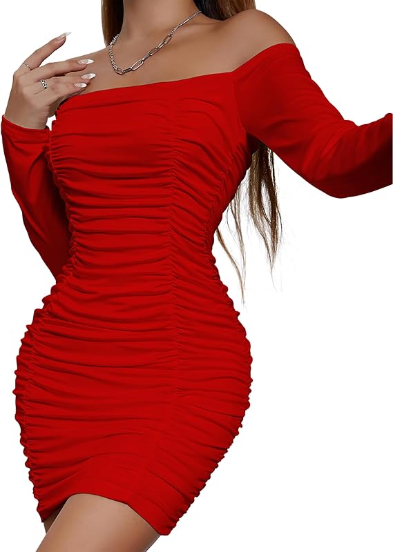 Ruched Off Shoulder Dress Party Wear Bandeau Bodycon Long Sleeve Dress Women's Clothing