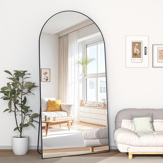 180x80cm Arched Floor Full Length Mirror, Full Body Wall Mirror with Aluminum Frame, Arched-Top Full Dressing Mirrors Standing Hanging or Leaning for Bedroom Living Room, Black