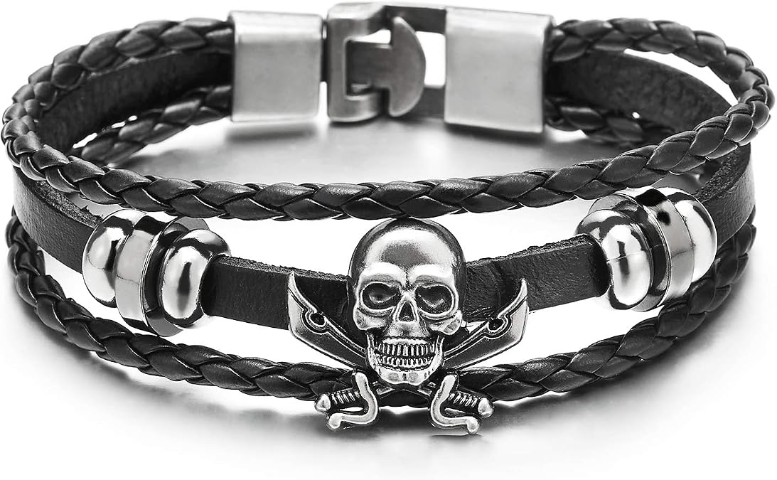 COOLSTEELANDBEYOND Mens Women Sword Pirate Skull Braided Leather Bracelet Multi-Strand Leather Wristband Bracelet