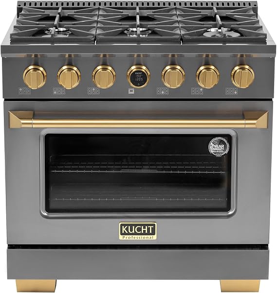 36 in. 5.2 cu. ft. 6 Burners Dual Fuel Range for Propane Gas in Titanium Stainless Steel with Kucht Horus Thermostat