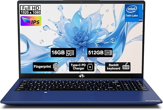 NIMO 15.6" FHD IPS Student-Laptop-Computer - 16GB RAM 512GB SSD, 4 Cores 13th Gen Intel N150(Beat to i3-1115G4, Up to 3.6GHz), 65W GaN Type-C, Fingerprint, Backlit Keyboard, Wi-Fi 6, BT5.2, Numpad