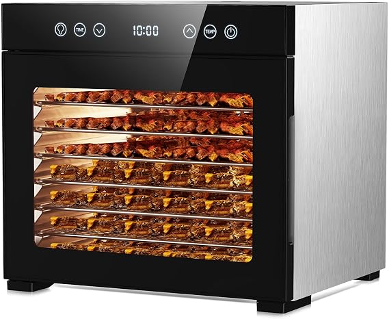 Food Dehydrator Machine, Powerful Food Dryer with 8 Stainless Steel Trays, Adjustable Temperature up to 167F & 48-Hour Timer for Jerky, Fruits, Herbs - Includes Mesh Tray, Drip Tray & Recipe Guide