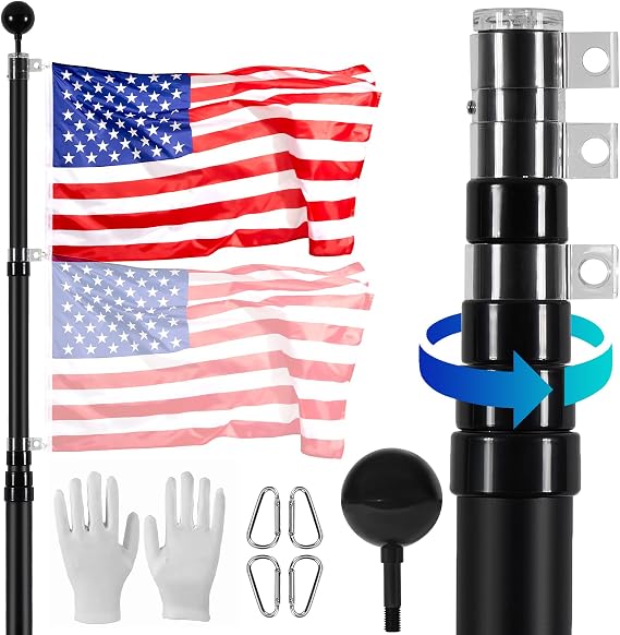VEVOR 20FT Telescoping Flagpole Kit, Heavy Duty Aluminum Alloy in Ground Flag Poles for Outside, 3 Display Modes with 3x5 American Flag, Professional Accessories, Black