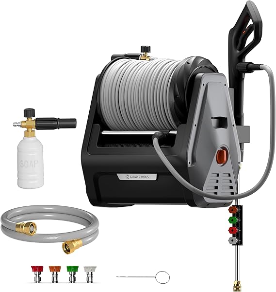 Giraffe Tools Retractable Wall Mounted Pressure Washer Plus with 100FT Hose | 2900 PSI 2.2 GPM Electric Power Washer, Automatic Rewind, Any Length Lock, 4 Nozzles, Foam Cannon, Dark Silver