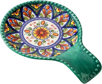 Glowworm Ceramic Spoon Rest for Stove Top, 7.7 Inch Coffee Spoon Holder for Spoons, Ladles, Tongs, Spatula, Farmhouse Utensil Rest for Kitchen Counter Decor, Green