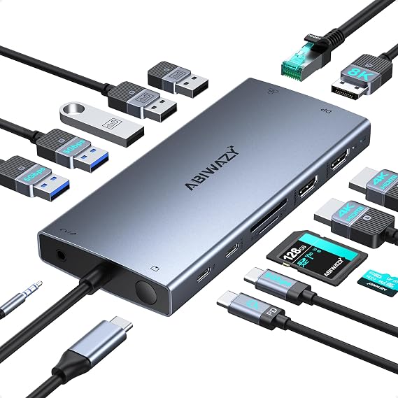 USB C Laptop Docking Station Dual Monitor for Dell XPS/HP/Lenovo/Surface, 15 in 1 USB C Hub 3 Monitor Adapter Dock with 8K DisplayPort, 2 HDMI 4K@60Hz, 6 USB A/C, 100W PD, Ethernet, SD/MicroSD